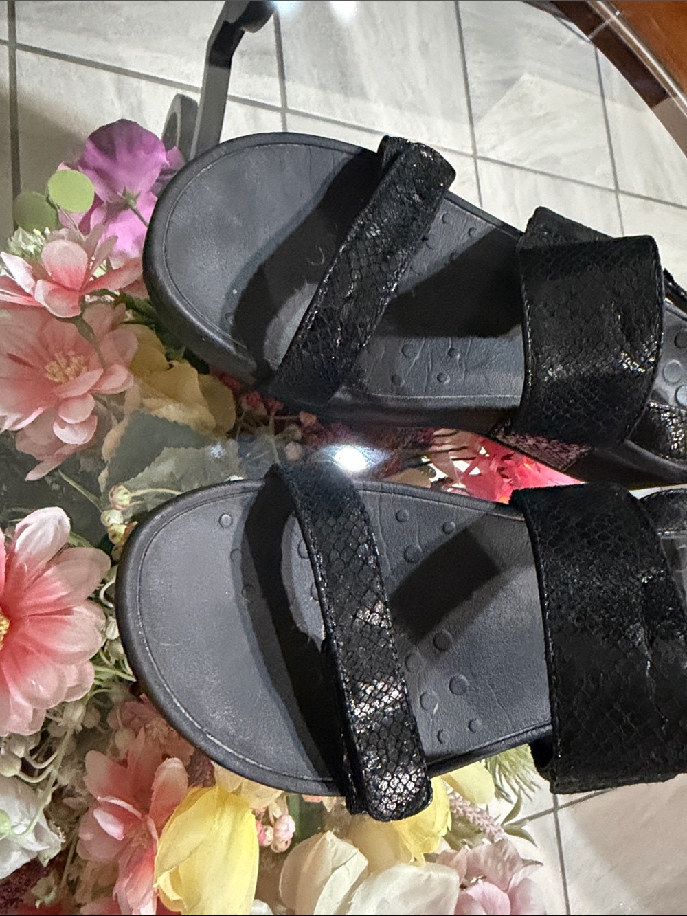 Vionic Black Slip-On Sandals with Pink Logo Accent